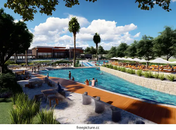 Luxury Resort Pool with Palm Trees and Lounge Chairs