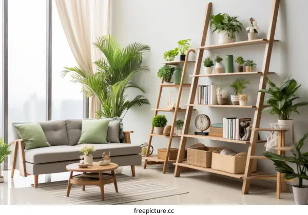 Green Living Room with Indoor Plants and Large Windows