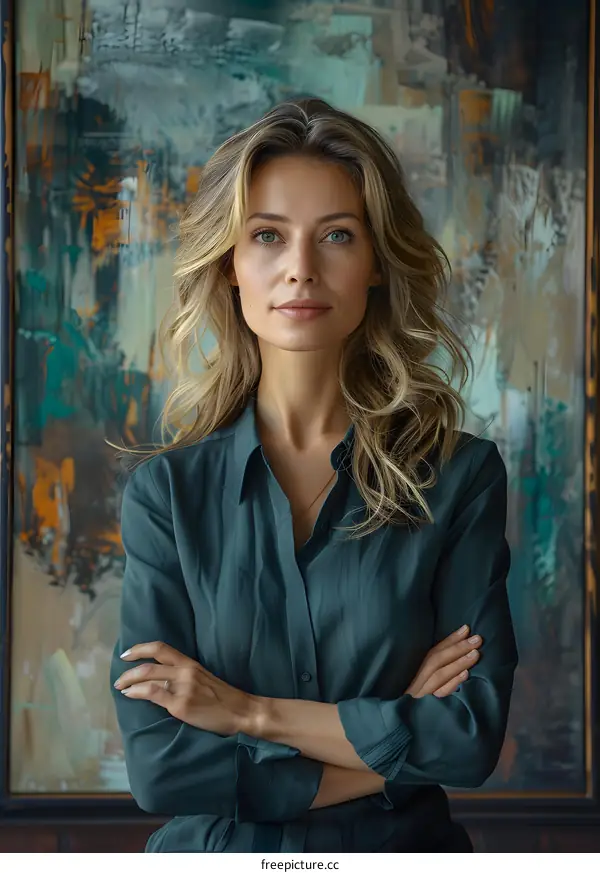 portrait of a beautiful blonde woman in a green blouse