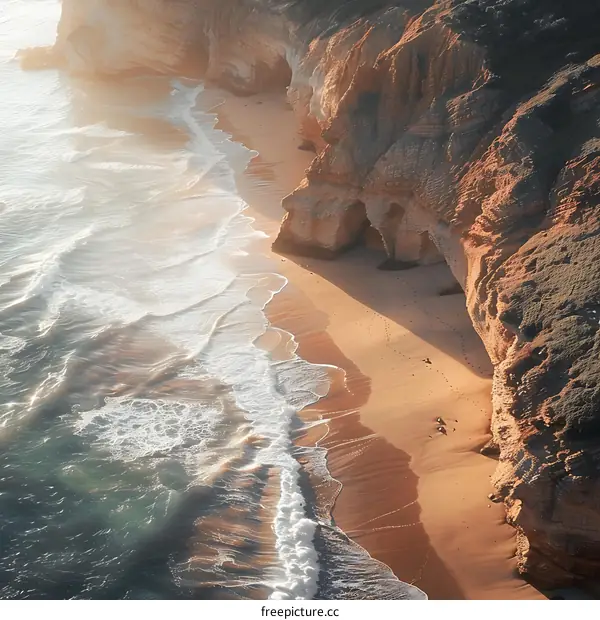 Aerial View Of Ocean Waves Crashing On Sandy Beach With Cliffside