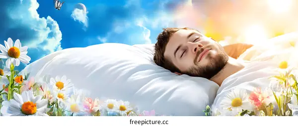 Man Sleeping in a Field of Flowers with a Blue Sky