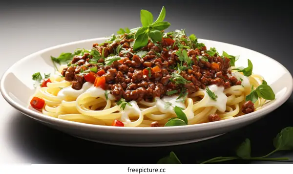 A delicious plate of spaghetti with ground beef and creamy sauce