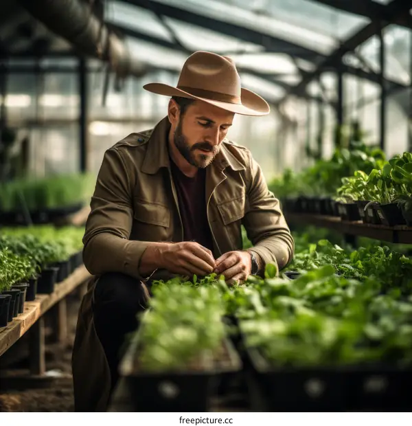 Male farmer checking his plants in a greenhouse