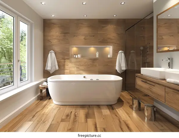 Modern Bathroom Interior with Wooden Tiles