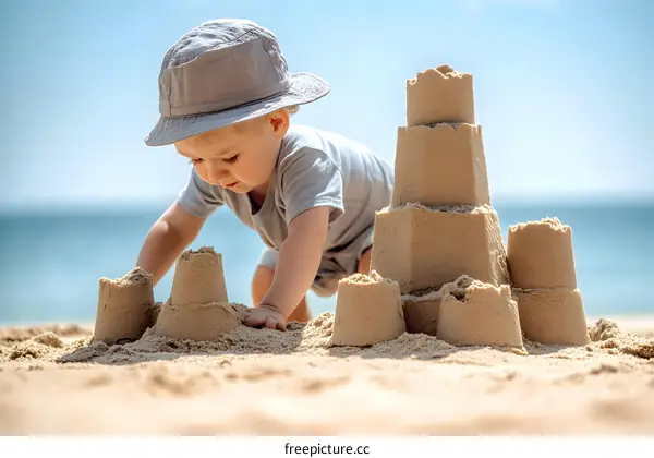 Toddler Building Sandcastles On Beach