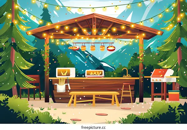 Outdoor Kitchen with Mountain Background Illustration