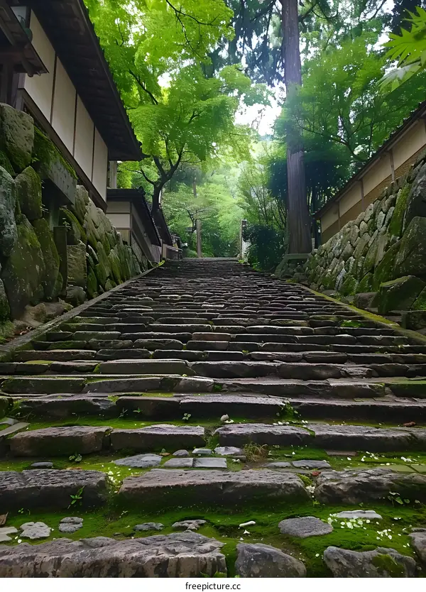 Stone Steps Leading Up to a Traditional Japanese Building