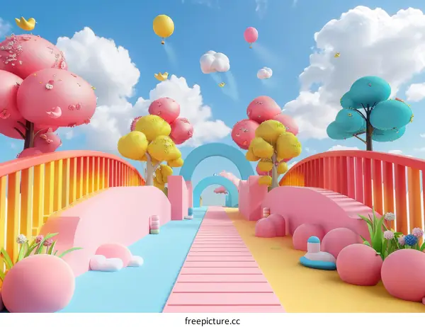 A surreal landscape with a bridge, trees, and clouds.