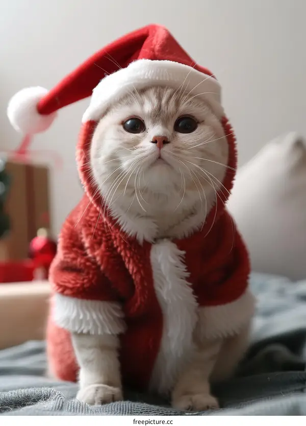 A cute cat wearing a Santa hat and coat is sitting on a bed.
