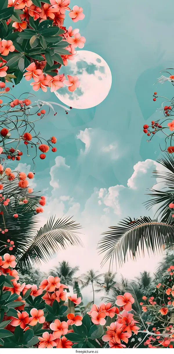 Tropical Flowers, Palm Trees and Moon in the Sky