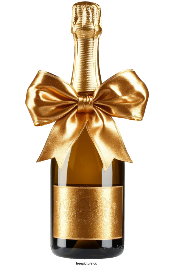 [Transparent Background PNG]Golden Champagne Bottle with Gift Bow