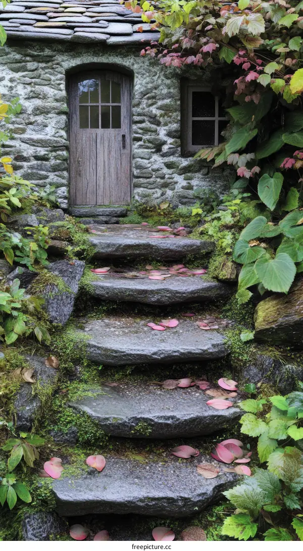 Rustic Stone Steps Leading to a Small Cottage