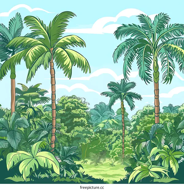 Tropical Jungle Landscape with Palm Trees