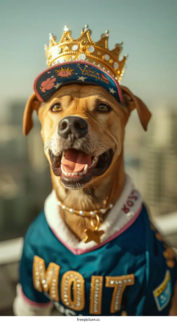 A smiling dog wearing a baseball cap and a crown