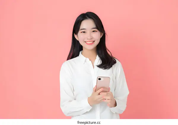 Smiling Asian Woman Using Smartphone In Pink Studio
