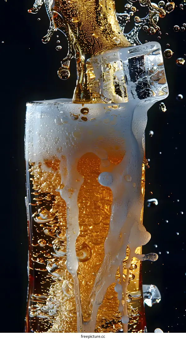 Close Up of Beer in a Glass with Ice Cube
