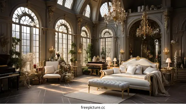 Ornate and spacious sitting room with a piano and chaise lounge