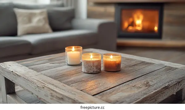 Cozy Living Room Scene with Candles and Fireplace