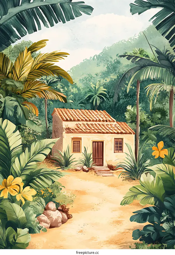 Tropical House Illustration With Palm Trees