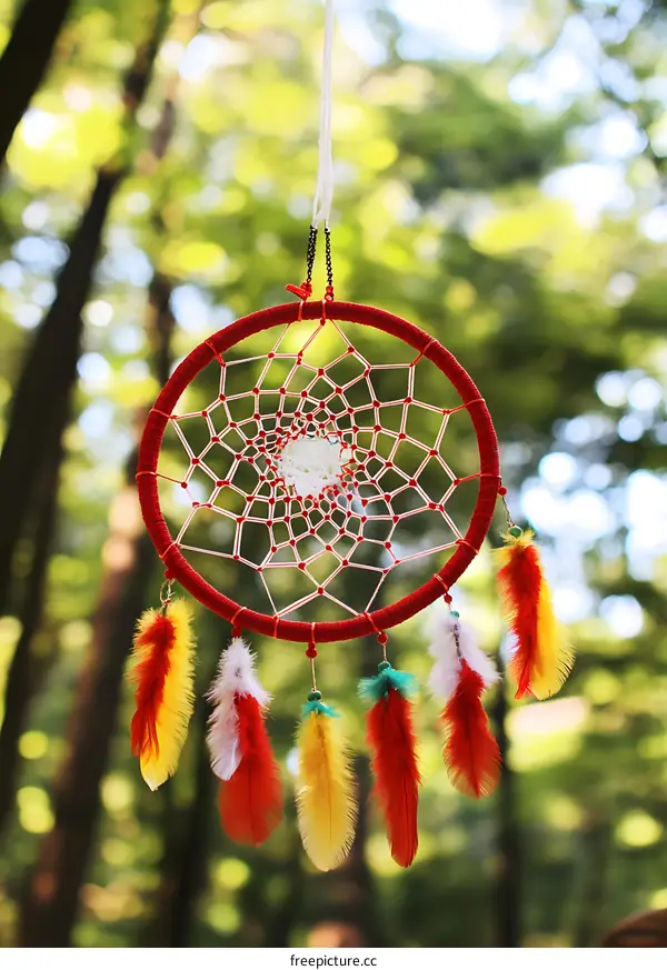 Red Dream Catcher Hanging in the Forest