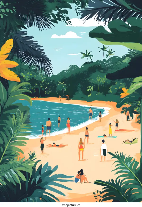 Tropical Beach Scene with People Relaxing and Enjoying the Sun