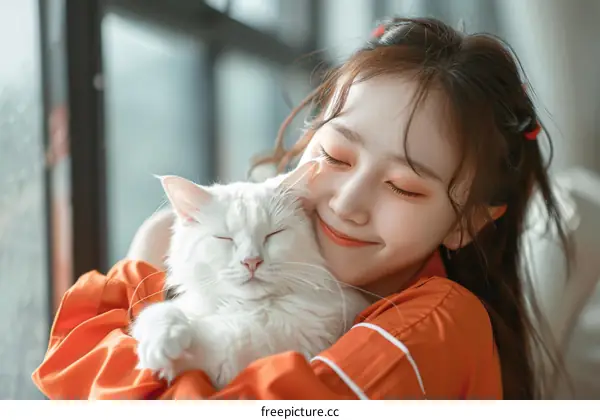 A young woman is hugging a white cat.