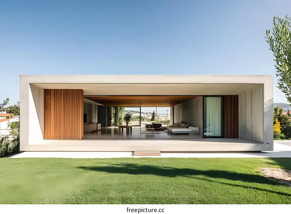 Modern Concrete House with Wooden Accents and Sliding Glass Doors