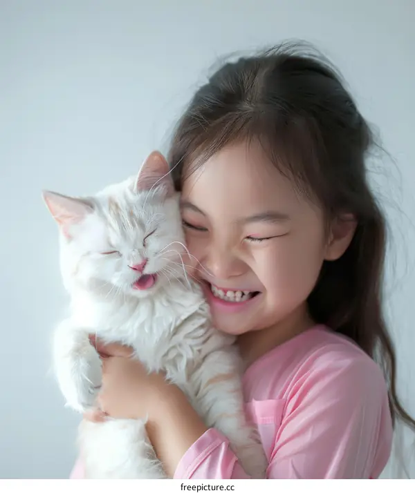 A girl hugging a white cat