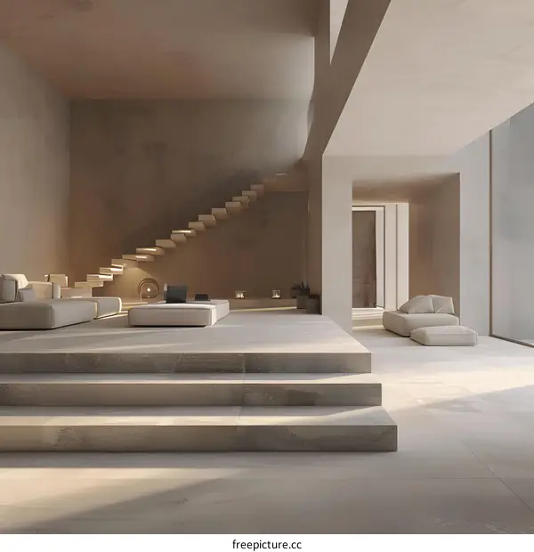 Minimalist Interior Design with Concrete Walls and Wooden Stairs