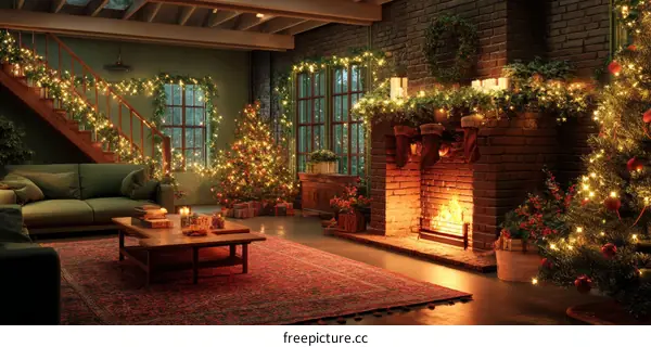 Christmas Interior Design with Cozy Fireplace