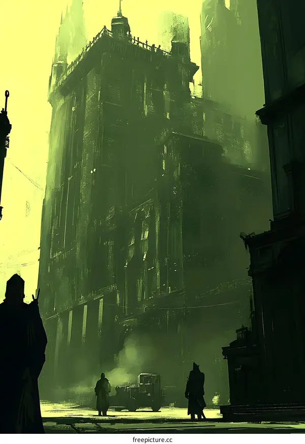 Tall Building and Three People in a City