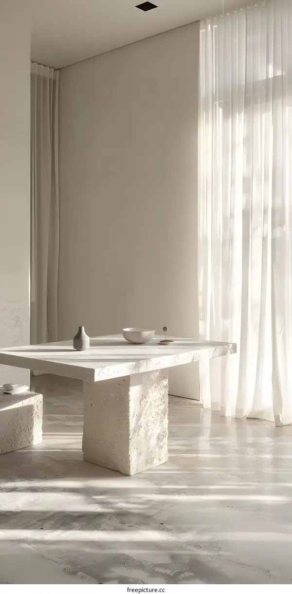 Minimalist Interior Design with Concrete Table and White Curtains