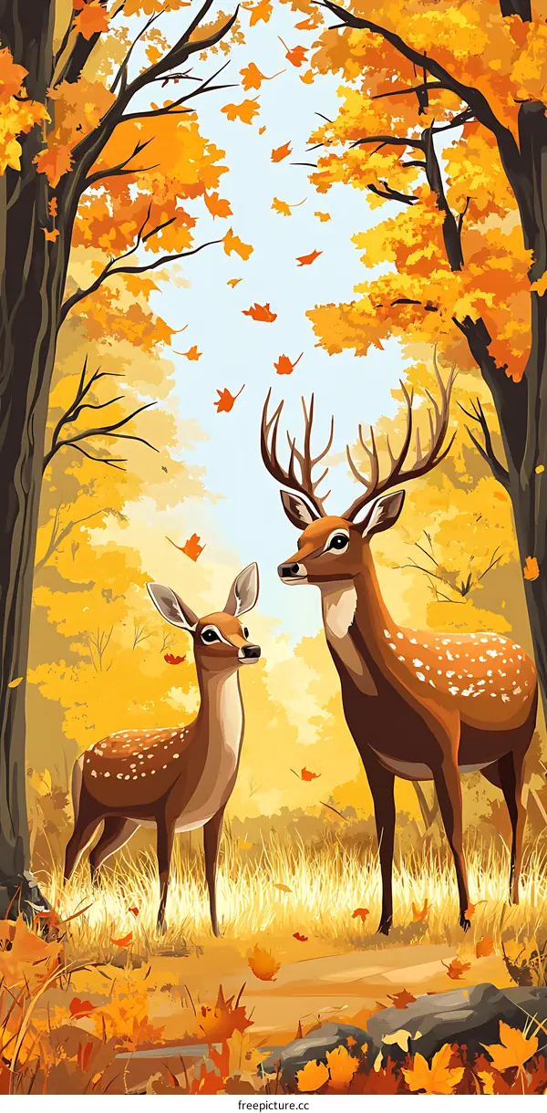 Autumn Forest with Deer Couple