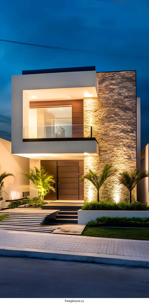 Modern House with Stone Facade and Palm Trees