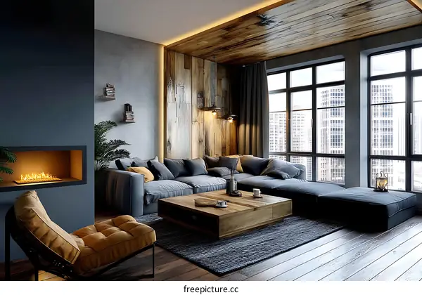 Modern Industrial Living Room Design with Fireplace and City View