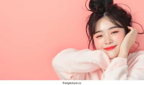 Smiling Woman in a Pink Sweater Lying on a Pink Background