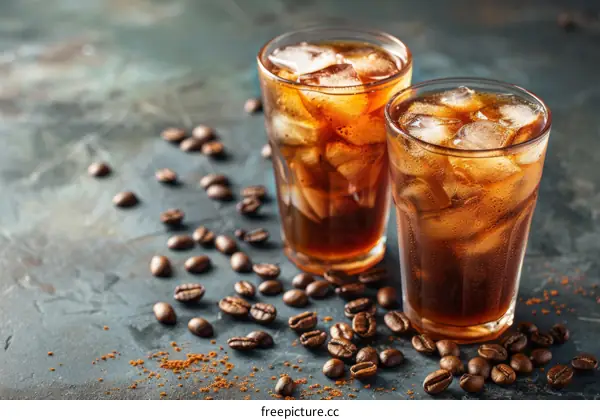 Two glasses of iced coffee with coffee beans on a dark background