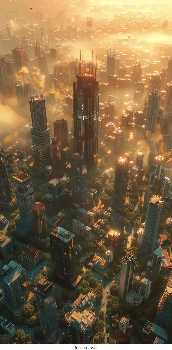 Aerial Cyberpunk Cityscape at Sunset