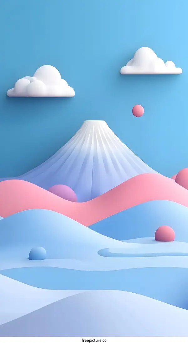 3D Minimalist Illustration of Mount Fuji with Blue and Pink Hills and Clouds
