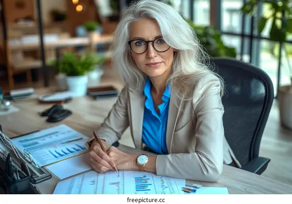 Focused Businesswoman Analyzing Data in Modern Office
