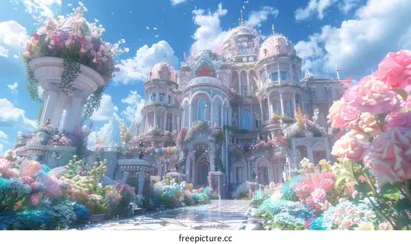 Whimsical Fairytale Castle in a Blooming Garden