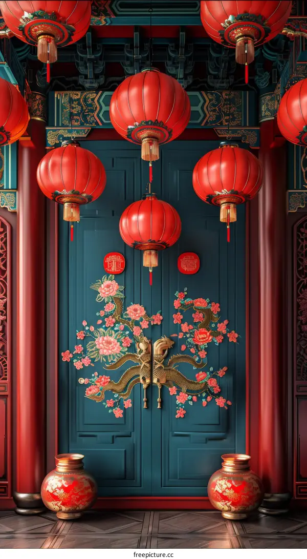 Red Chinese Door with Lanterns for Lunar New Year