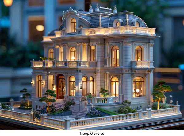 Miniature Model of an Elegant Mansion with Lights