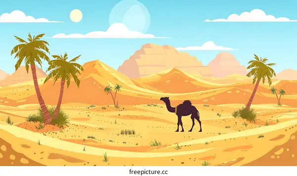 Desert Landscape with Camel and Pyramids