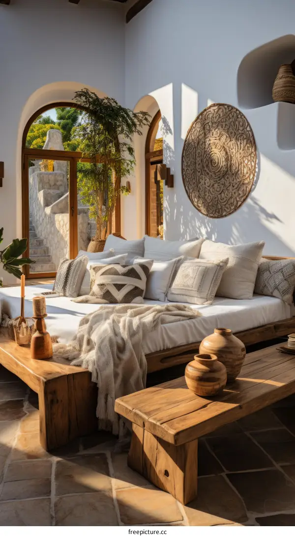 Stylish Living Room with Comfortable Sofa and Wooden Bench