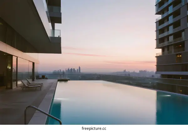 Modern high-rise building with infinity pool overlooking city skyline