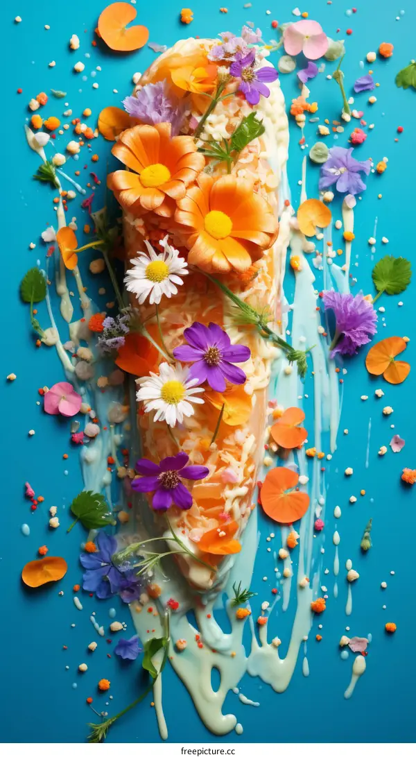 vibrantly colored carrot cake decorated with edible flowers