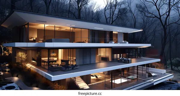 Modern Minimalist House With Large Windows In Forest