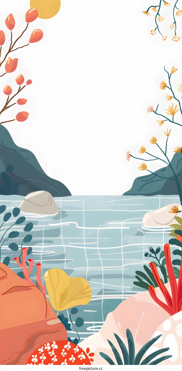 Floral Watercolor Landscape Illustration With Sun, Lake And Mountains