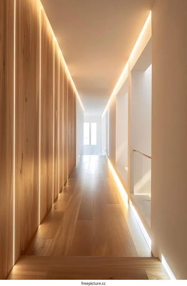 Modern Minimalist Interior Design Hallway With Wooden Walls And LED Lights
